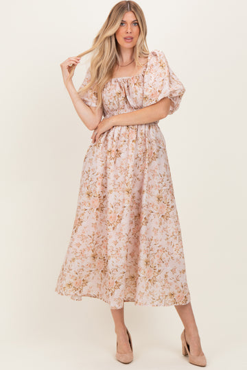 Beige Floral Puff Sleeve Midi Dress