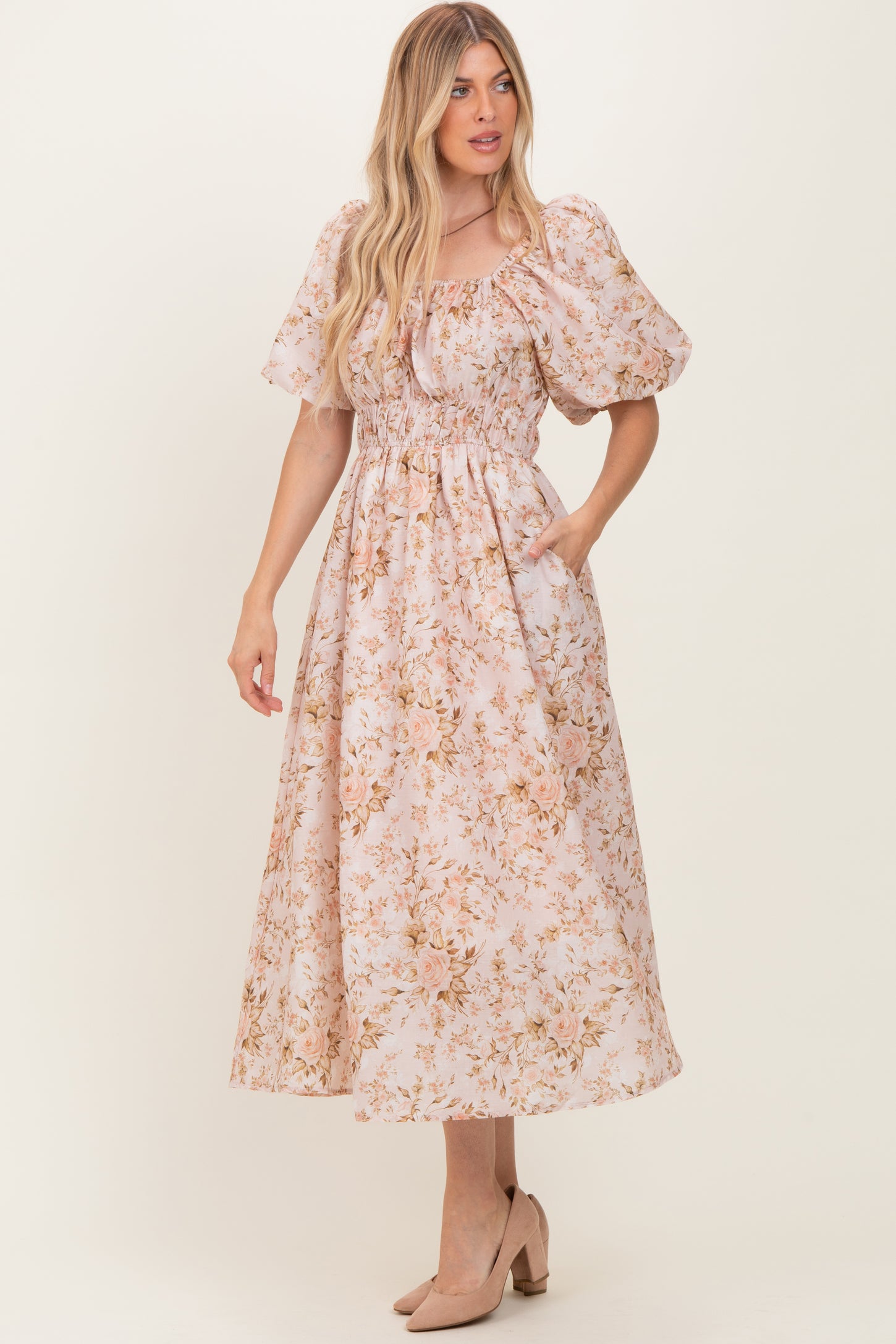 Beige Floral Puff Sleeve Midi Dress
