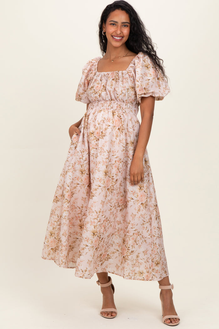 Beige Floral Puff Sleeve Maternity Midi Dress