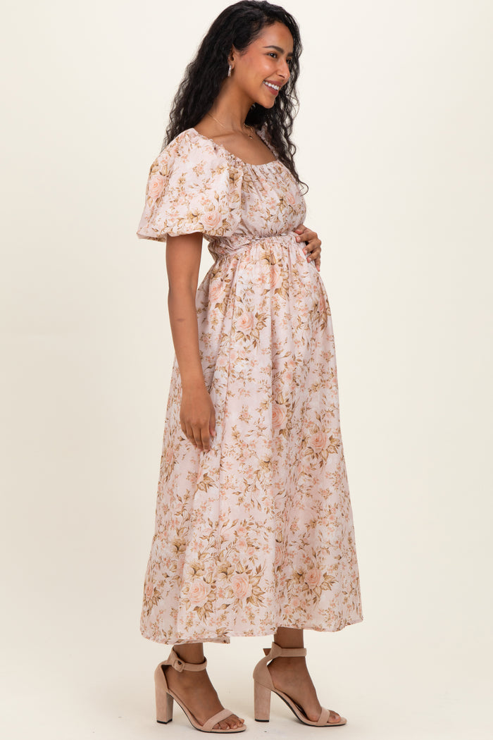 Beige Floral Puff Sleeve Maternity Midi Dress