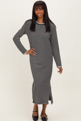 Black Striped Stitch Detail Long Sleeve Maternity Midi Dress