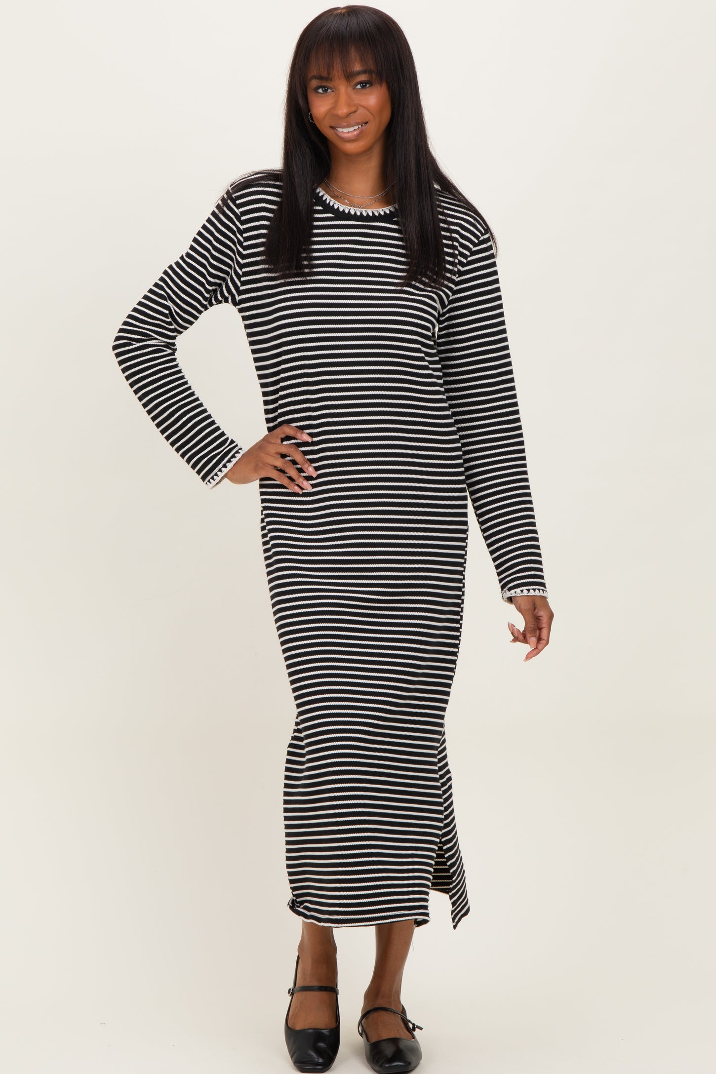 Black Striped Stitch Detail Long Sleeve Midi Dress