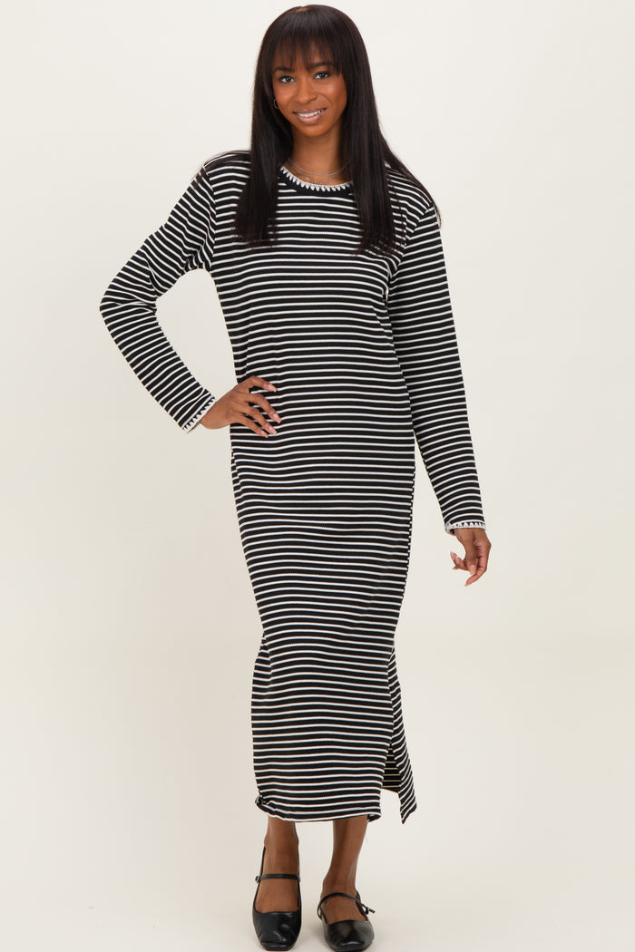 Black Striped Stitch Detail Long Sleeve Midi Dress