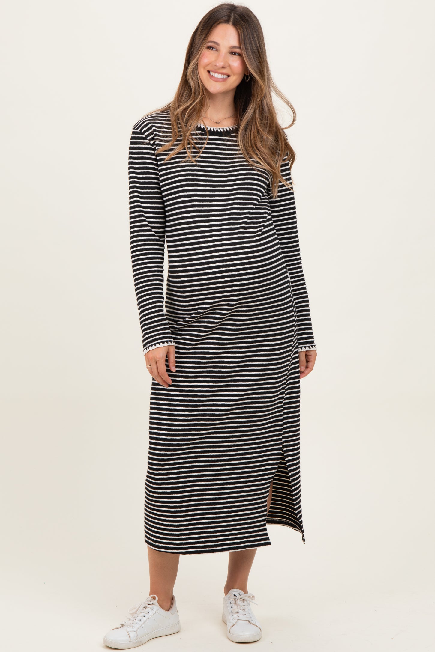 Black Striped Stitch Detail Long Sleeve Maternity Midi Dress