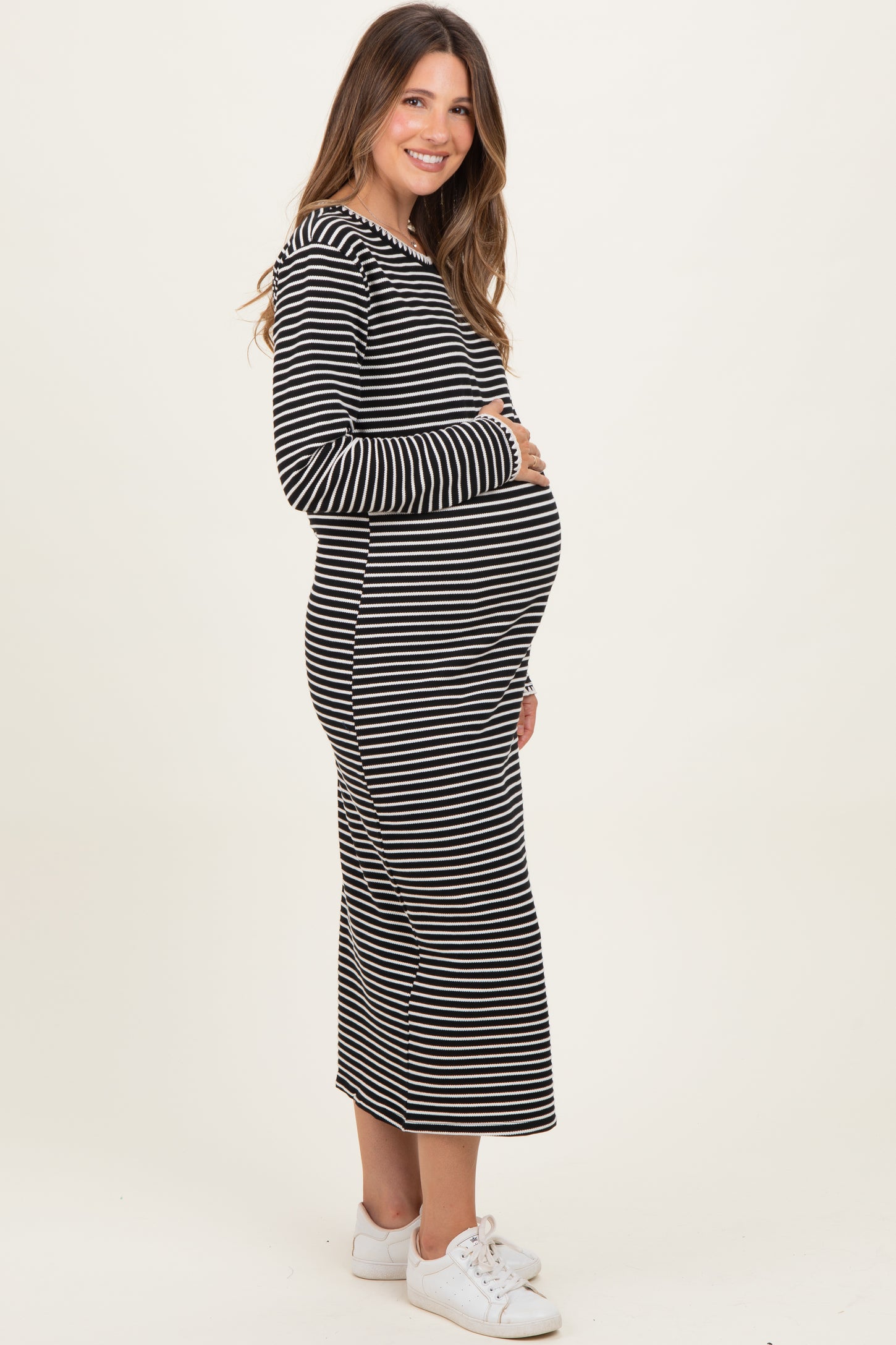 Black Striped Stitch Detail Long Sleeve Maternity Midi Dress