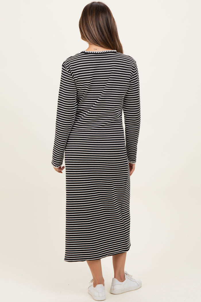 Black Striped Stitch Detail Long Sleeve Maternity Midi Dress