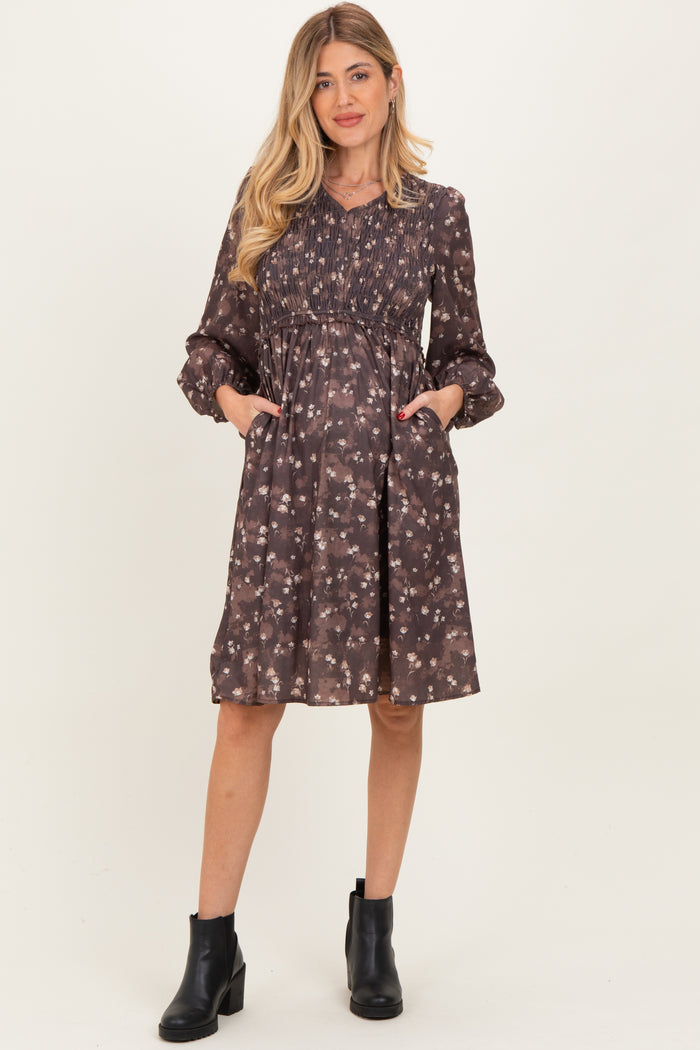 Brown Floral Smocked Long Sleeve Maternity Dress