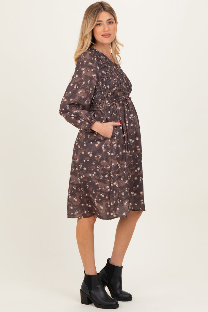 Brown Floral Smocked Long Sleeve Maternity Dress
