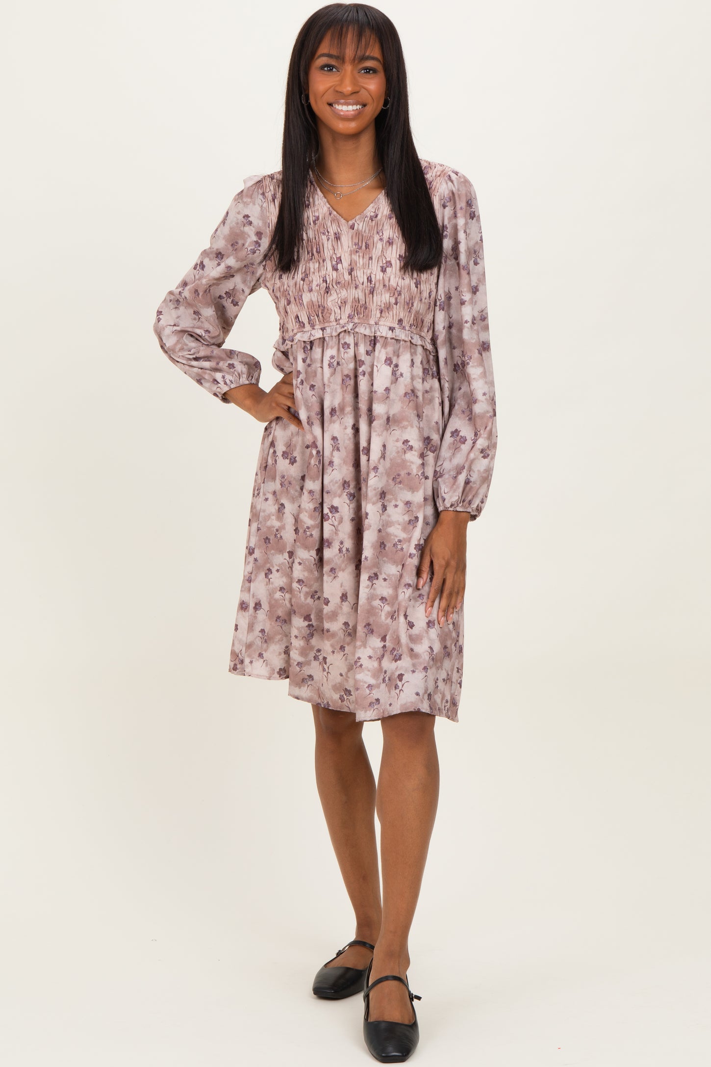 Beige Floral Smocked Long Sleeve Dress