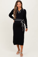Black Soft Stretchy Rib Fitted Maternity Sweater Midi Dress