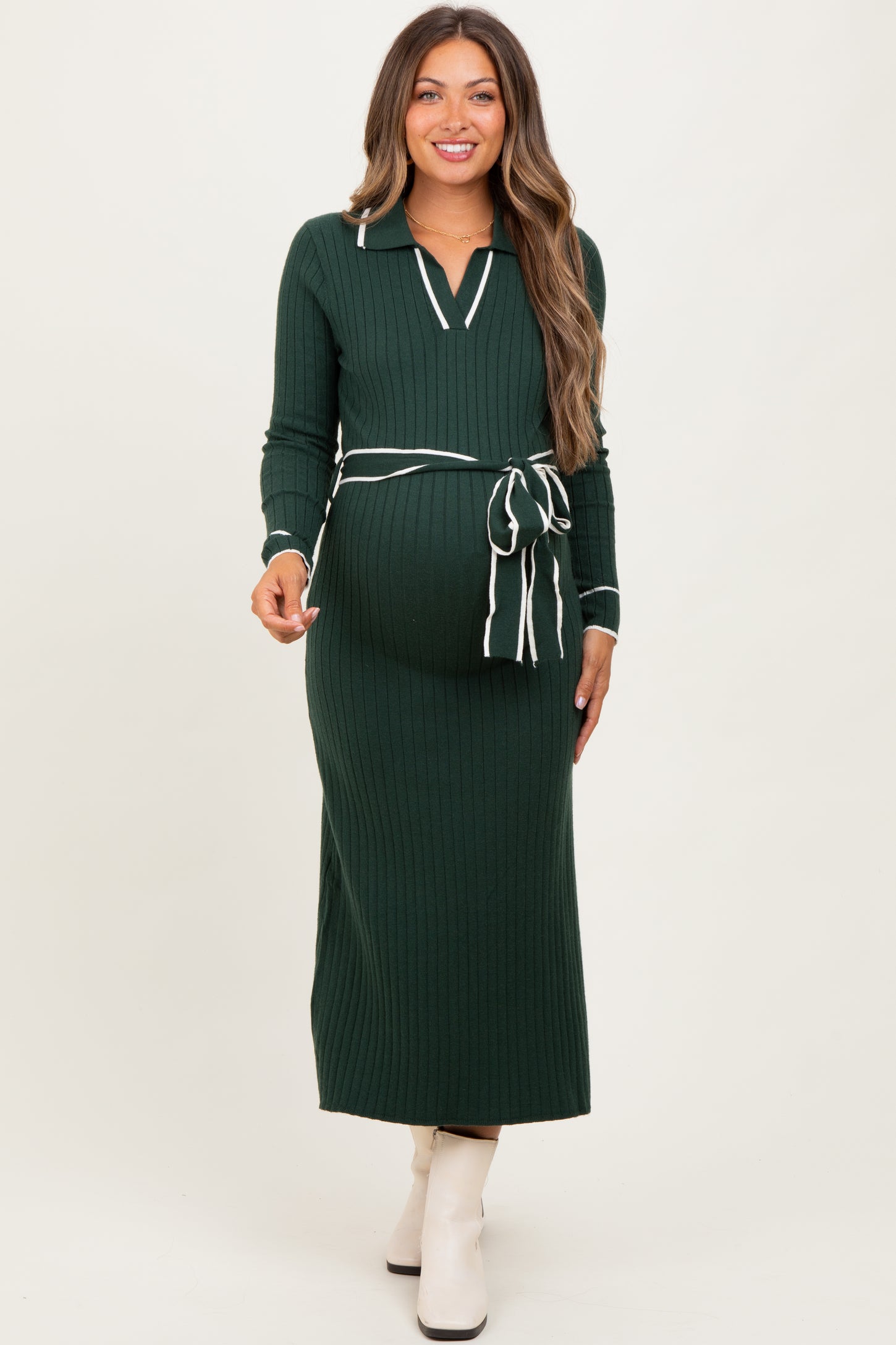Hunter Green Soft Stretchy Rib Fitted Maternity Sweater Midi Dress