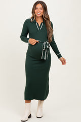 Hunter Green Soft Stretchy Rib Fitted Maternity Sweater Midi Dress