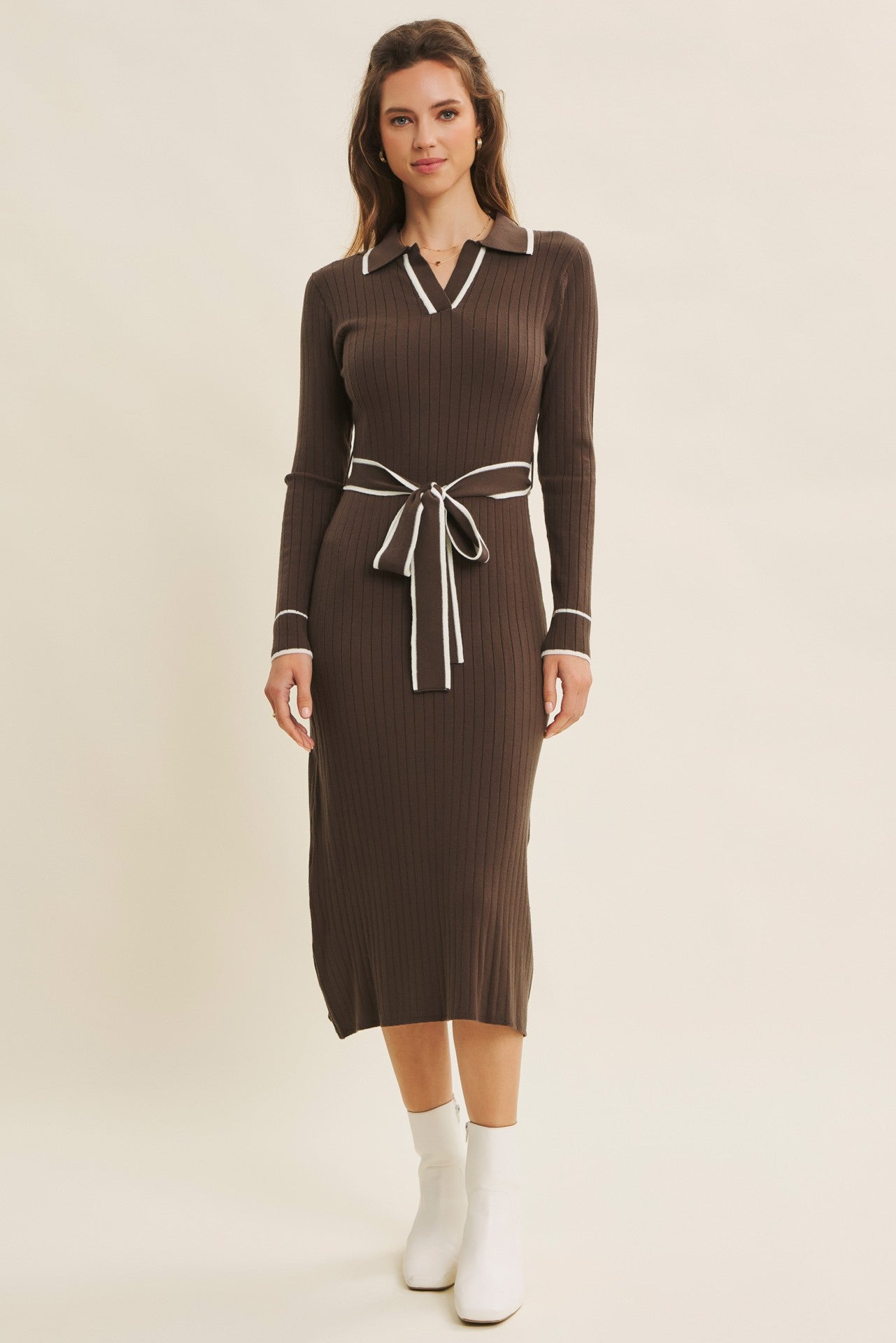 Brown Soft Stretchy Rib Fitted Maternity Sweater Midi Dress