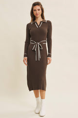 Brown Soft Stretchy Rib Fitted Sweater Midi Dress