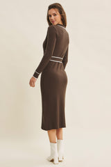 Brown Soft Stretchy Rib Fitted Sweater Midi Dress
