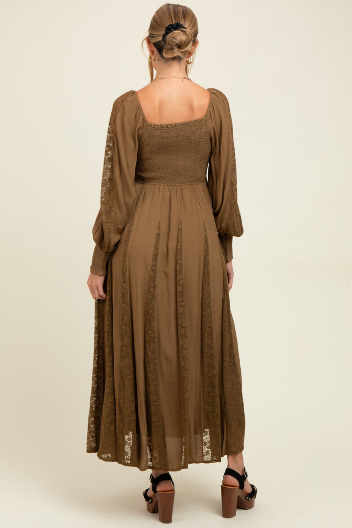 Brown Lace Inset Smocked Maternity Maxi Dress