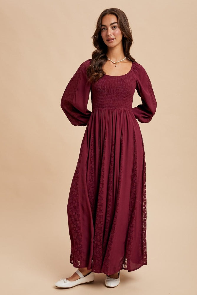 Burgundy Lace Inset Smocked Maxi Dress
