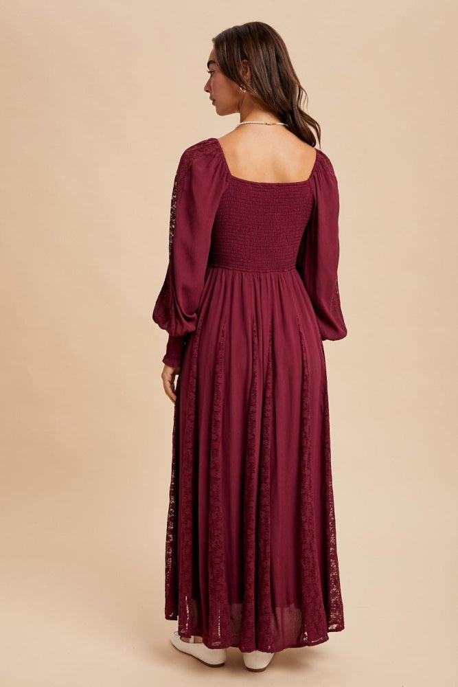 Burgundy Lace Inset Smocked Maxi Dress