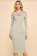 Beige Ruched Off Shoulder Maternity Dress