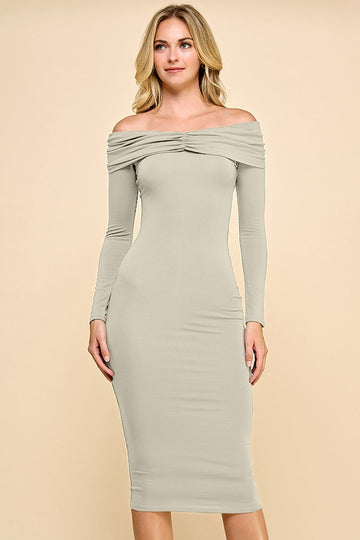 Beige Ruched Off Shoulder Maternity Dress