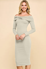 Beige Ruched Off Shoulder Dress