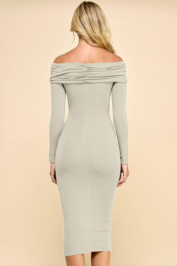Beige Ruched Off Shoulder Dress