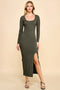 Olive Scoop Neck Long Sleeve Front Slit Maxi Dress