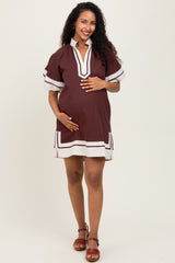 Brown Colorblock Border Print Maternity Mini Shift Dress