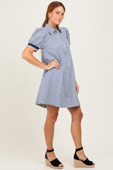 Navy Blue Striped Puff Sleeve Mini Shirt Dress