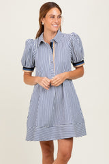 Navy Blue Striped Puff Sleeve Maternity Mini Shirt Dress