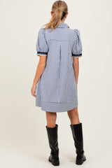Navy Blue Striped Puff Sleeve Maternity Mini Shirt Dress