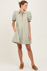 Light Olive Striped Puff Sleeve Mini Shirt Dress