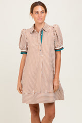 Camel Striped Puff Sleeve Maternity Mini Shirt Dress