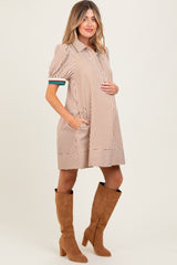 Camel Striped Puff Sleeve Maternity Mini Shirt Dress