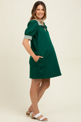 Forest Green Mock Neck Contrast Striped Trim Maternity Mini Dress