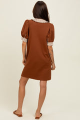 Mocha Mock Neck Contrast Striped Trim Mini Dress
