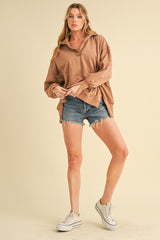Mocha Snap Button Pullover Henley Sweatshirt