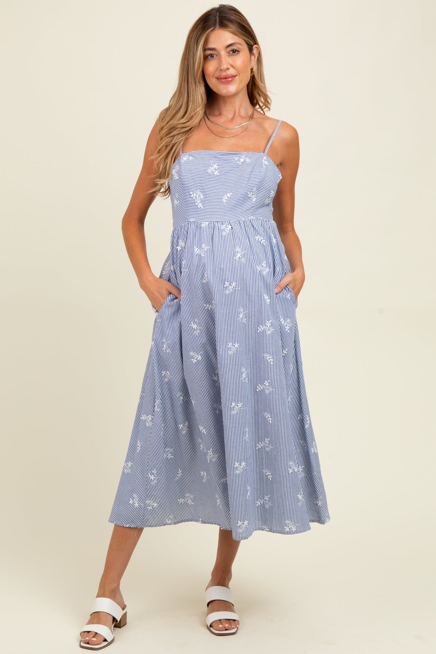 Blue Striped Embroidered Tie Back Cutout Maternity Midi Dress