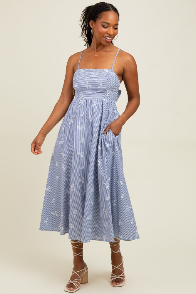 Blue Striped Embroidered Tie Back Cutout Maternity Midi Dress