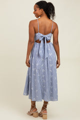 Blue Striped Embroidered Tie Back Cutout Midi Dress