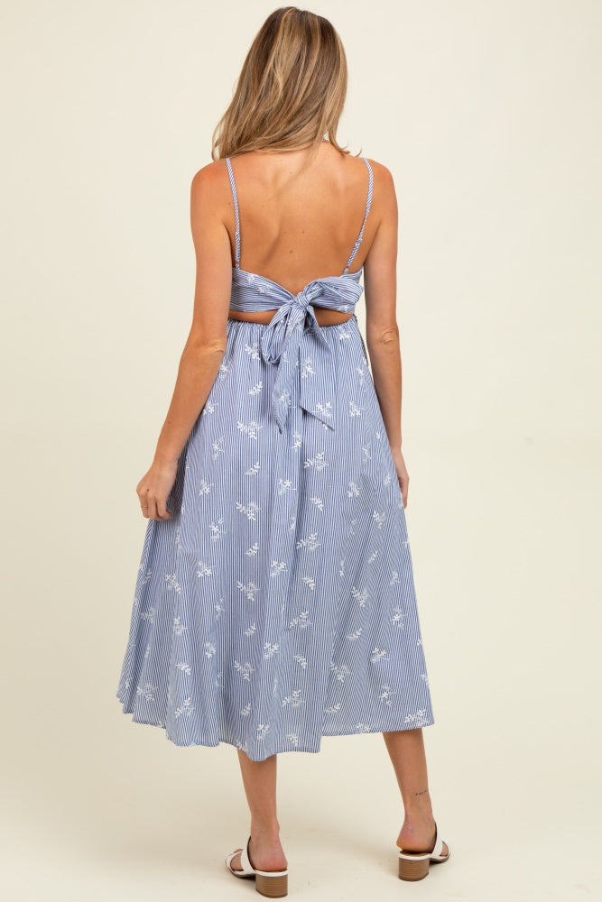 Blue Striped Embroidered Tie Back Cutout Maternity Midi Dress