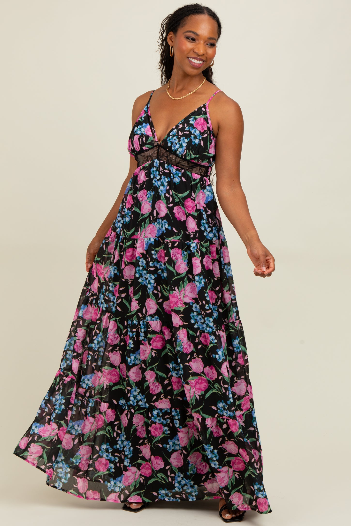 Black Floral Lace Inset Tiered Maxi Dress