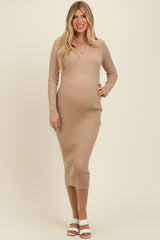 Beige Ribbed Knit Collared Maternity Sweater Dress