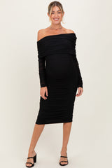 Black Ruched Mesh Off Shoulder Long Sleeve Maternity Midi Dress