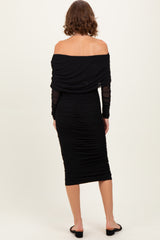 Black Ruched Mesh Off Shoulder Long Sleeve Midi Dress