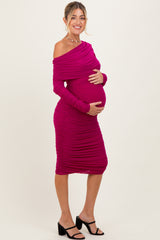 Magenta Ruched Mesh Off Shoulder Long Sleeve Maternity Midi Dress