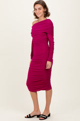 Magenta Ruched Mesh Off Shoulder Long Sleeve Midi Dress
