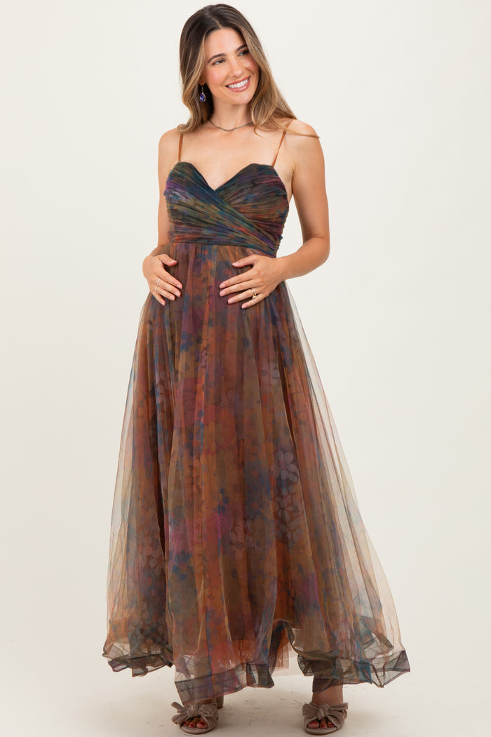 Multi Color Floral Mesh Tulle Overlay Maternity Maxi Dress