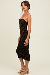 Olive Mesh Velvet Strapless Ruched Midi Dress