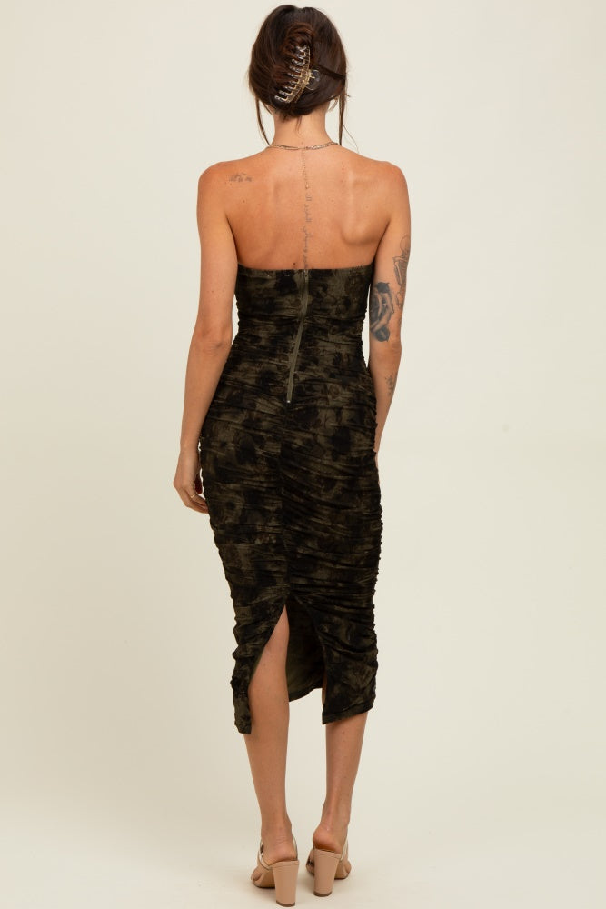 Olive Mesh Velvet Strapless Ruched Midi Dress